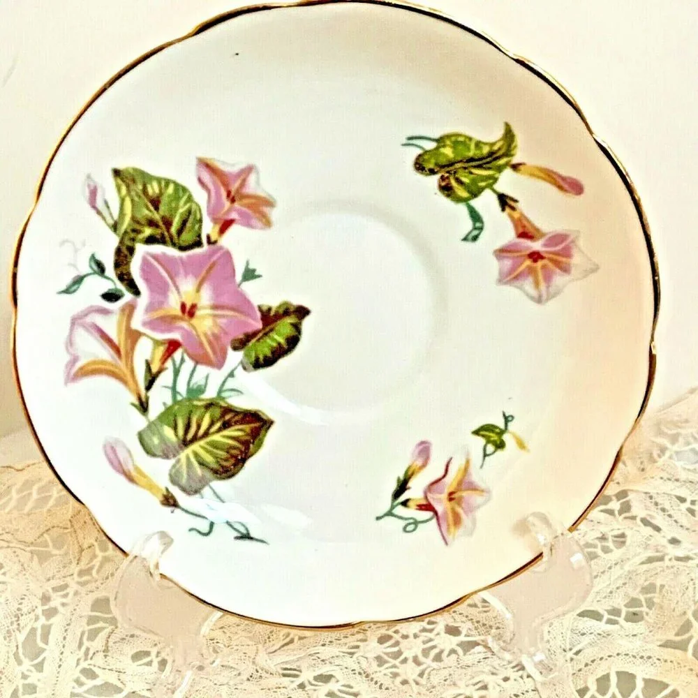 Bone China Tea Cup Saucer Morning Glory Pink Floral Regency England